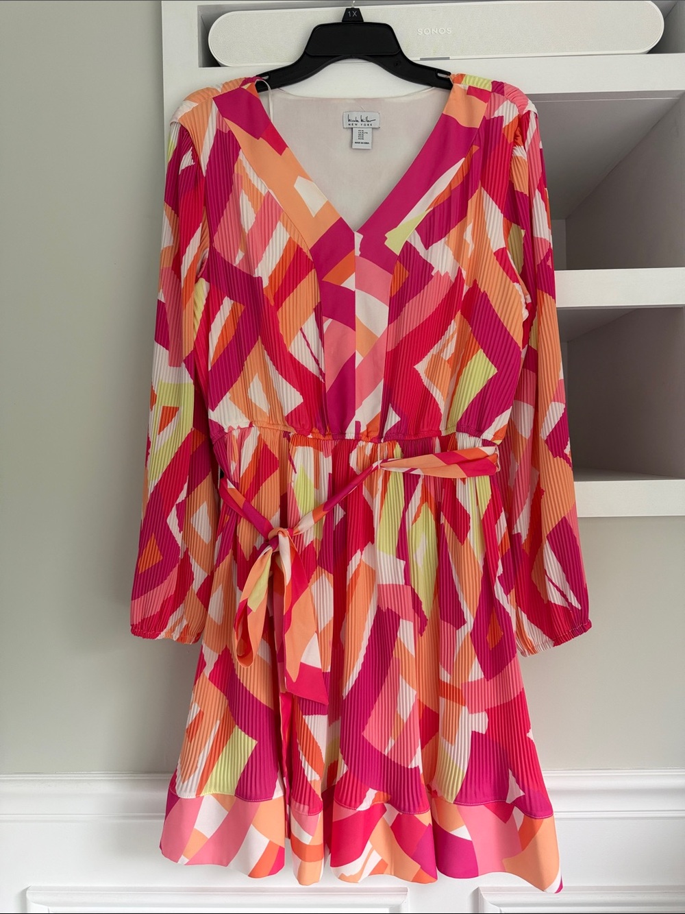 Nicole Miller Pink Orange Multi-Color Geometric V-Neck Dress